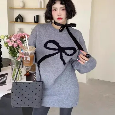 韓國chic春季減齡氣質圓領蝴蝶結提花軟糯寬鬆百搭長袖針織毛衣女