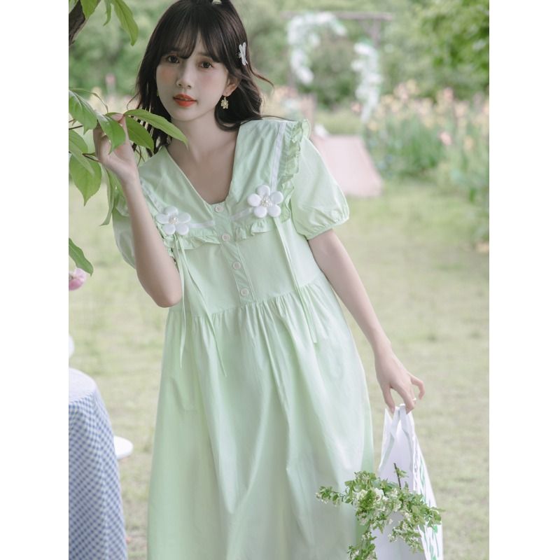 可愛少女奶呼呼綠色連衣裙女夏季甜美日系別致漂亮減齡裙子小個子