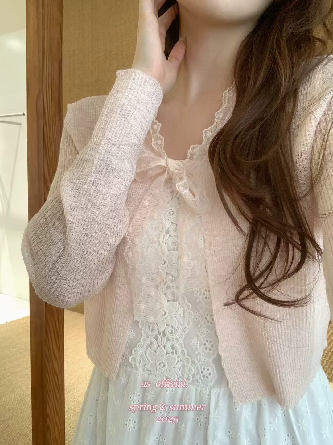花邊v領竹節麻針織防曬開衫女25夏季新款薄款小坎肩外搭罩衫上衣