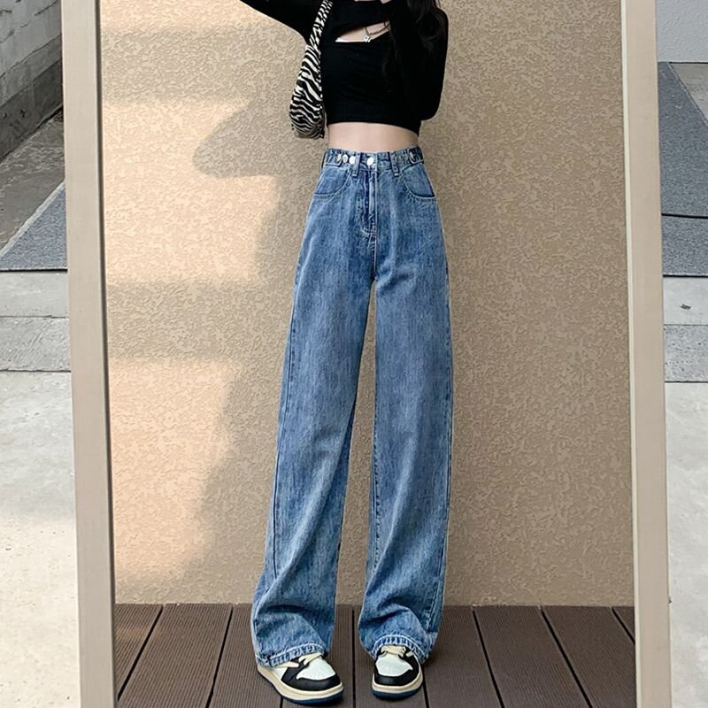 美式高腰顯瘦直筒牛仔褲女秋冬新款寬鬆垂感闊腿拖地褲