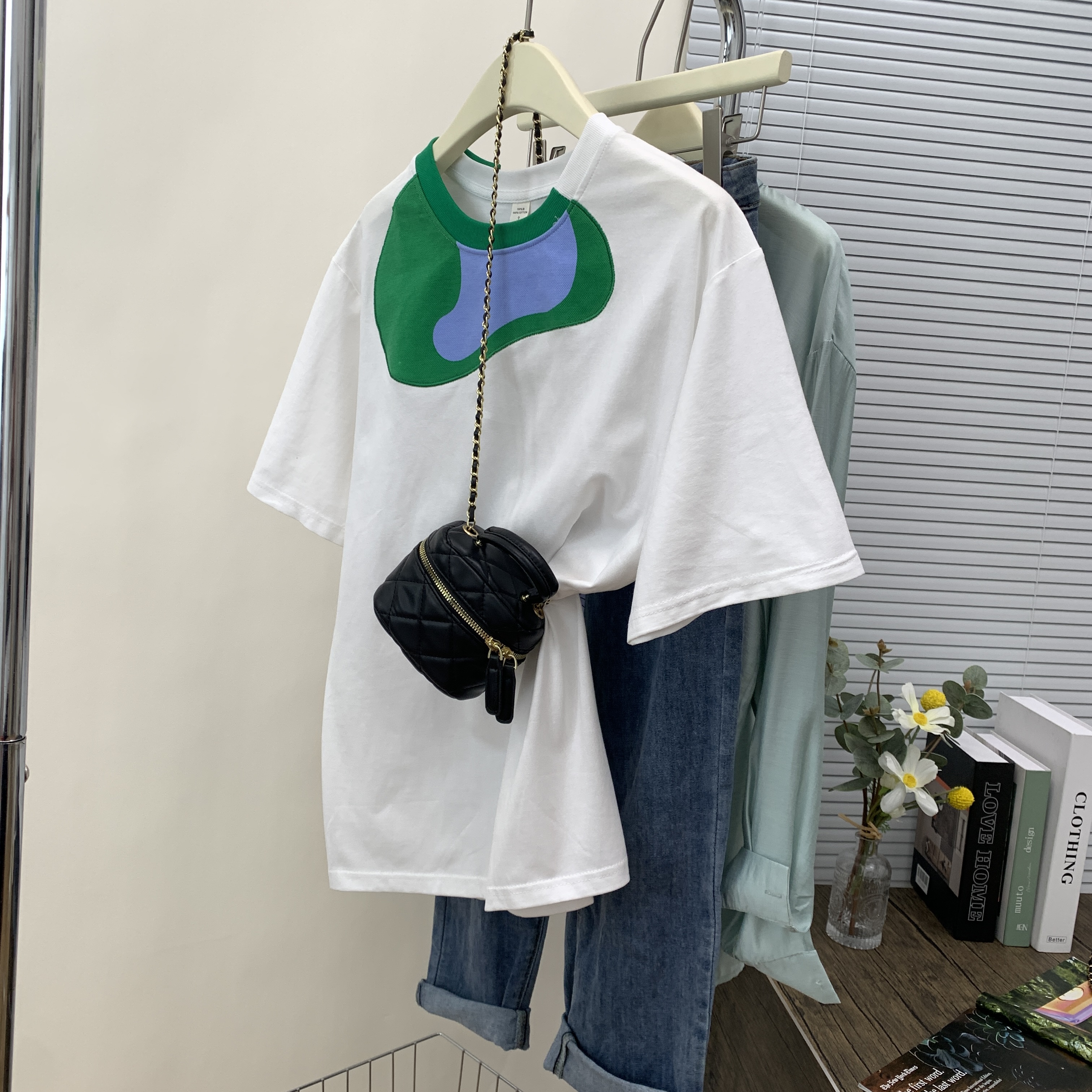 實拍21支210g精梳純棉後 情侶刺繡短袖T恤男女款學院風休閒上衣潮