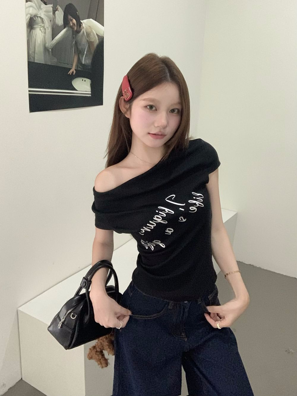 260g cotton letter printed short-sleeved T-shirt summer irregular design slim short off-shoulder top