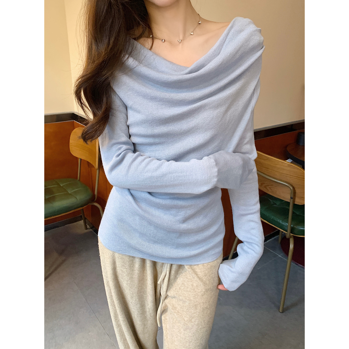 Real shot of early spring Korean version pure desire collar pleated gentle 6 wool sweater base long sleeve sweater top