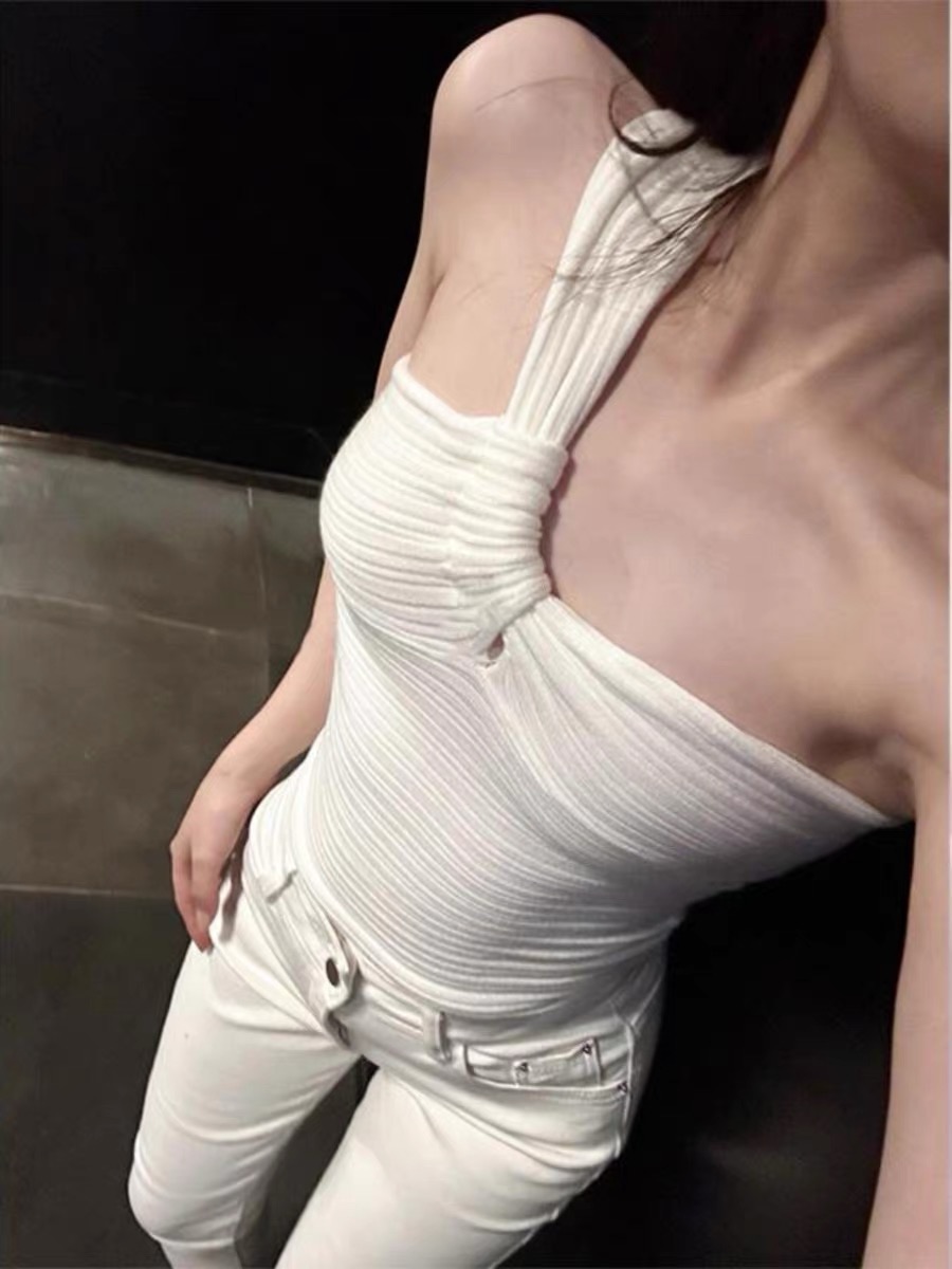 法式別致白色單肩小吊帶背心女夏季外穿修身緊身抹胸美背無袖上衣