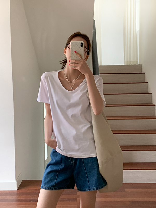 Real photo of V-neck short-sleeved T-shirt for women Korean loose 2025 summer new solid color base shirt underwear