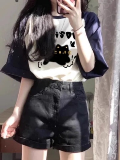 純棉美式藏青色插肩袖短袖T恤女2025夏季新款小眾設計感撞色上衣