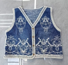 2025 ethnic style V-neck hook-up embroidered vest summer retro tassel denim vest sweet vest layered top