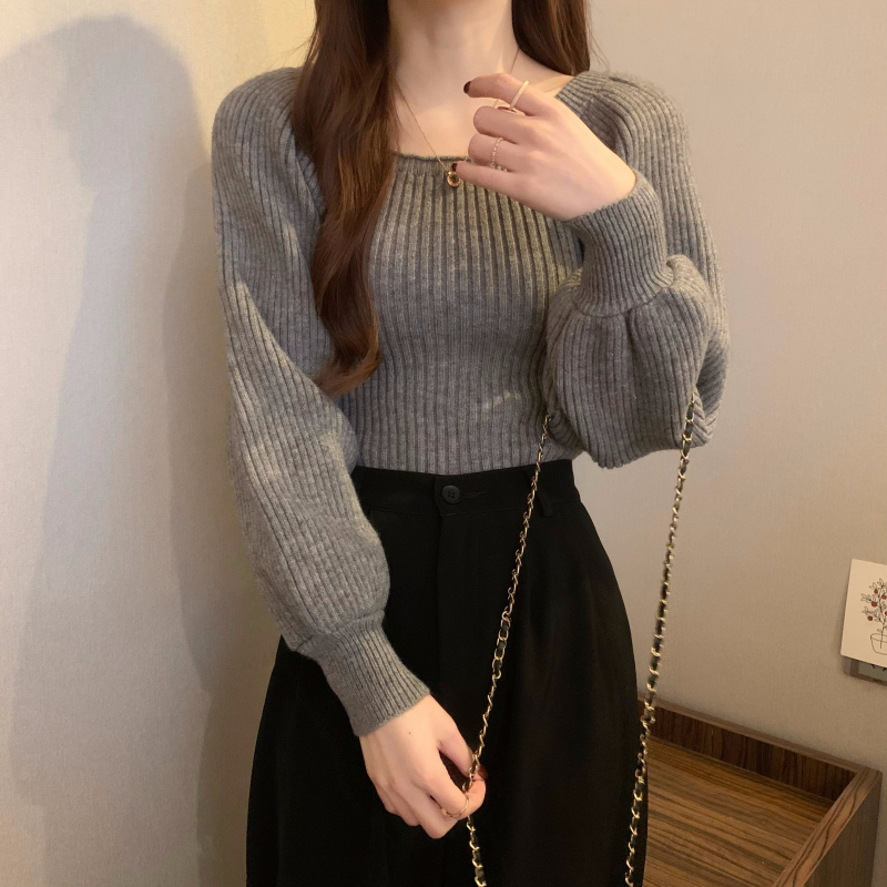 新款方領寬鬆慵懶外穿毛衣女秋冬內搭長袖打底針織衫上衣