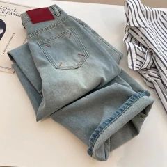 floor trousers contrasting color embroidered straight pants pear-shaped wide-leg loose red label design high waist versatile jeans for women