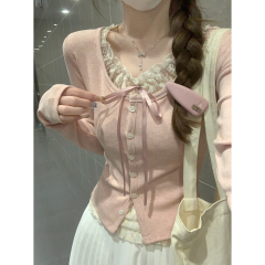 Real shot of spring Korean version pure lace lace fake two-piece single-breasted long-sleeved T-shirt top