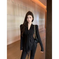 時尚設計感綁帶v領長袖T恤衫春季新款修身顯瘦氣質百搭開衫上衣潮