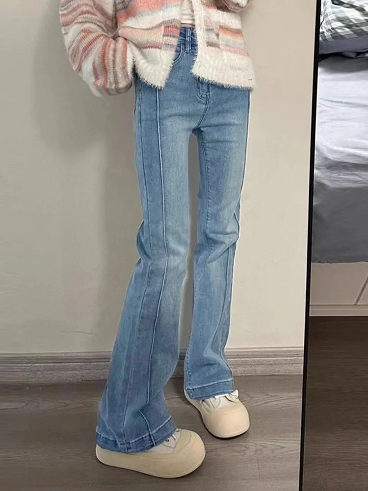 梨形身材微喇牛仔褲女大碼胖妹妹復古高腰彈力顯瘦喇叭馬蹄長褲子