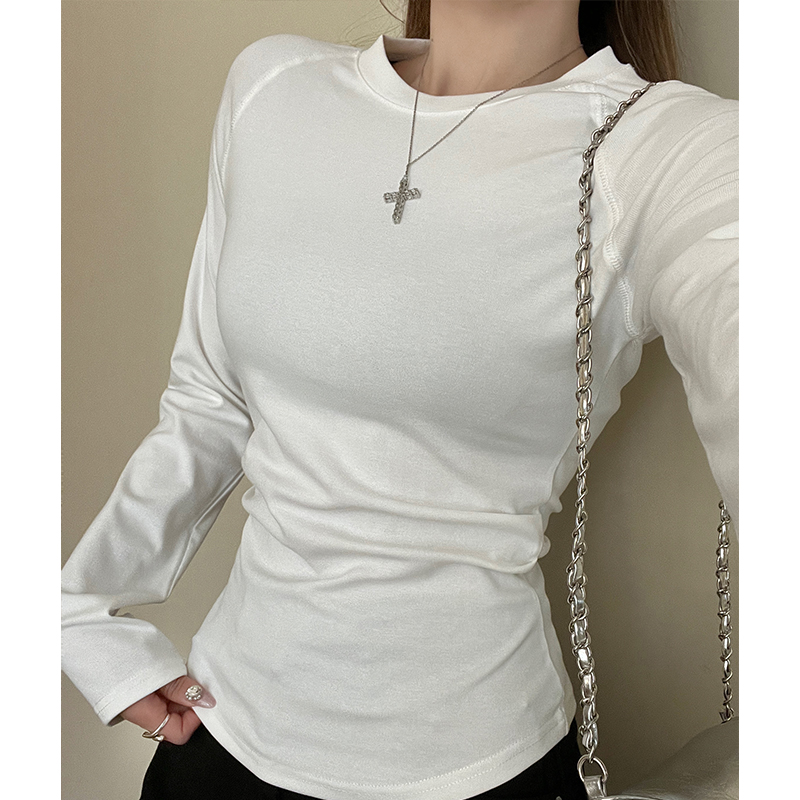 Real-shot shoulder long-sleeved T-shirt for women's spring clothes 2025 new pleated waist-hugging slim short inner top