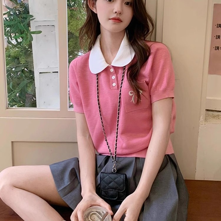 College style knitted short-sleeved women's summer bow embroidery contrasting color T-shirt doll neck slim-fit age-reducing top short style