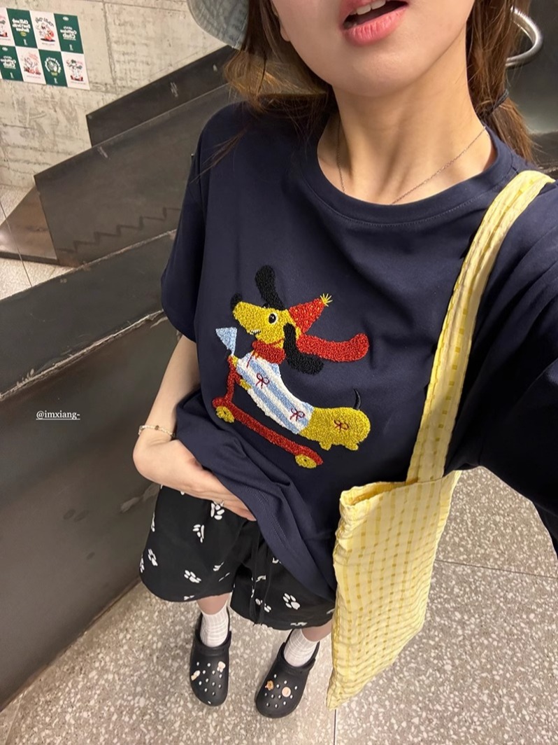 毛巾繡21支純棉超爽棉210克240斤特大碼趣味小狗短袖