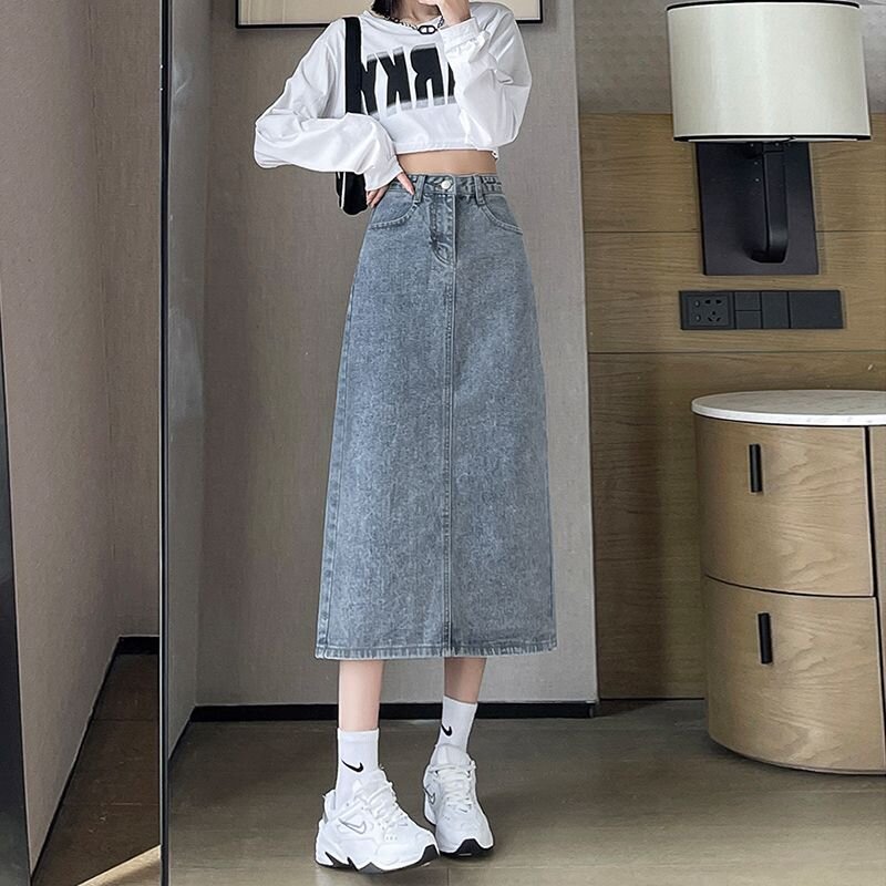 韓版牛仔半身裙女春夏2025新款設計感後開叉中長a字裙包臀裙子ins