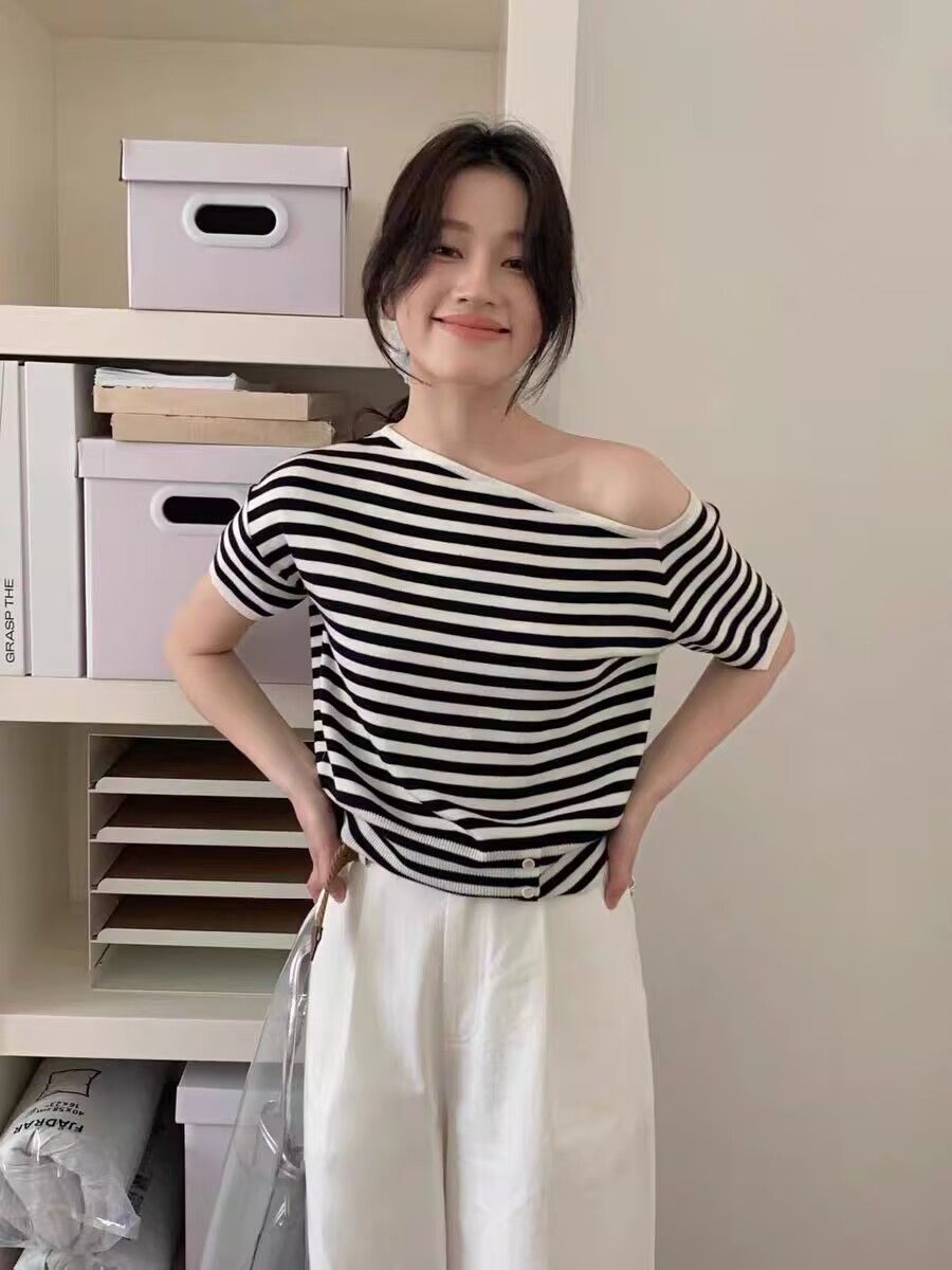 恤女短袖斜肩條紋修身顯瘦彈力百搭休閒設計感針織衫洋氣