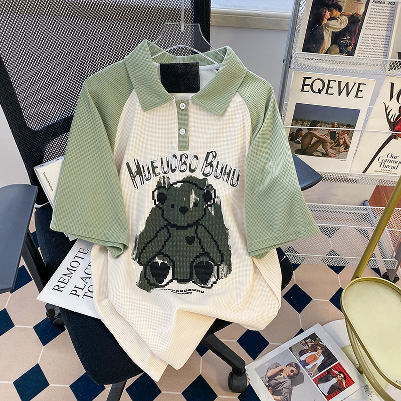 220g華夫格面料 夏季新款Polo領短袖T恤男女情侶款300斤大碼上衣