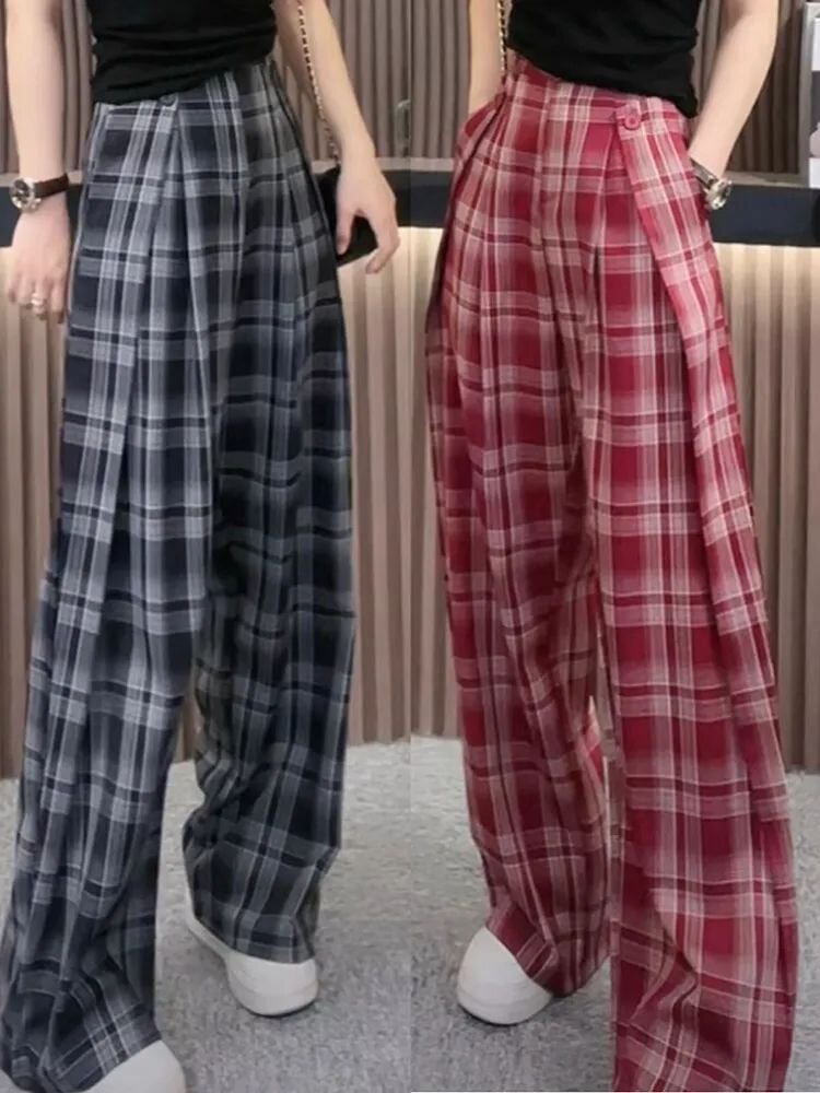 紅色格子褲春夏2025新款窄版直筒寬鬆復古休閒小個子高腰闊腿長褲