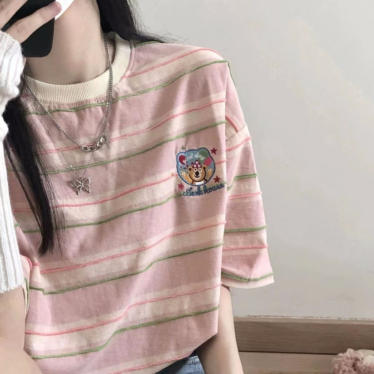 Original fabric pink striped embroidered T-shirt for women's fashionable age-reducing top short-sleeved women