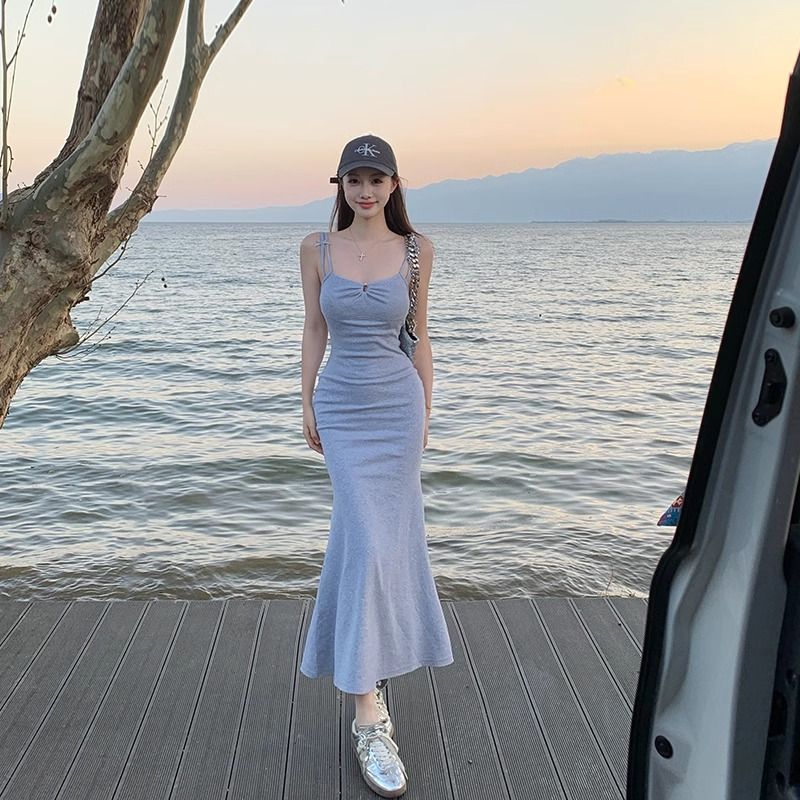 藍色吊帶裙女夏季修身顯瘦魚尾裙包臀連衣裙氣質長裙子