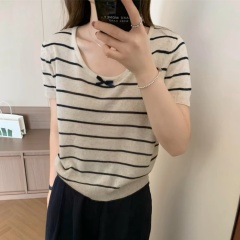 復古薄款短袖針織衫女2025新款夏條紋U領蝴蝶結t恤女寬鬆顯瘦上衣
