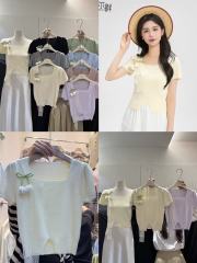 2025春夏新款韓版方領減齡短袖針織衫女花朵顯瘦短款上衣