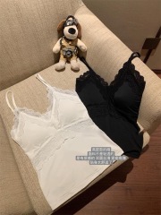 Lines cotton pure sexy deep v-neck long-sleeved T-shirt for women in early autumn two-piece layered lace suspender vest top