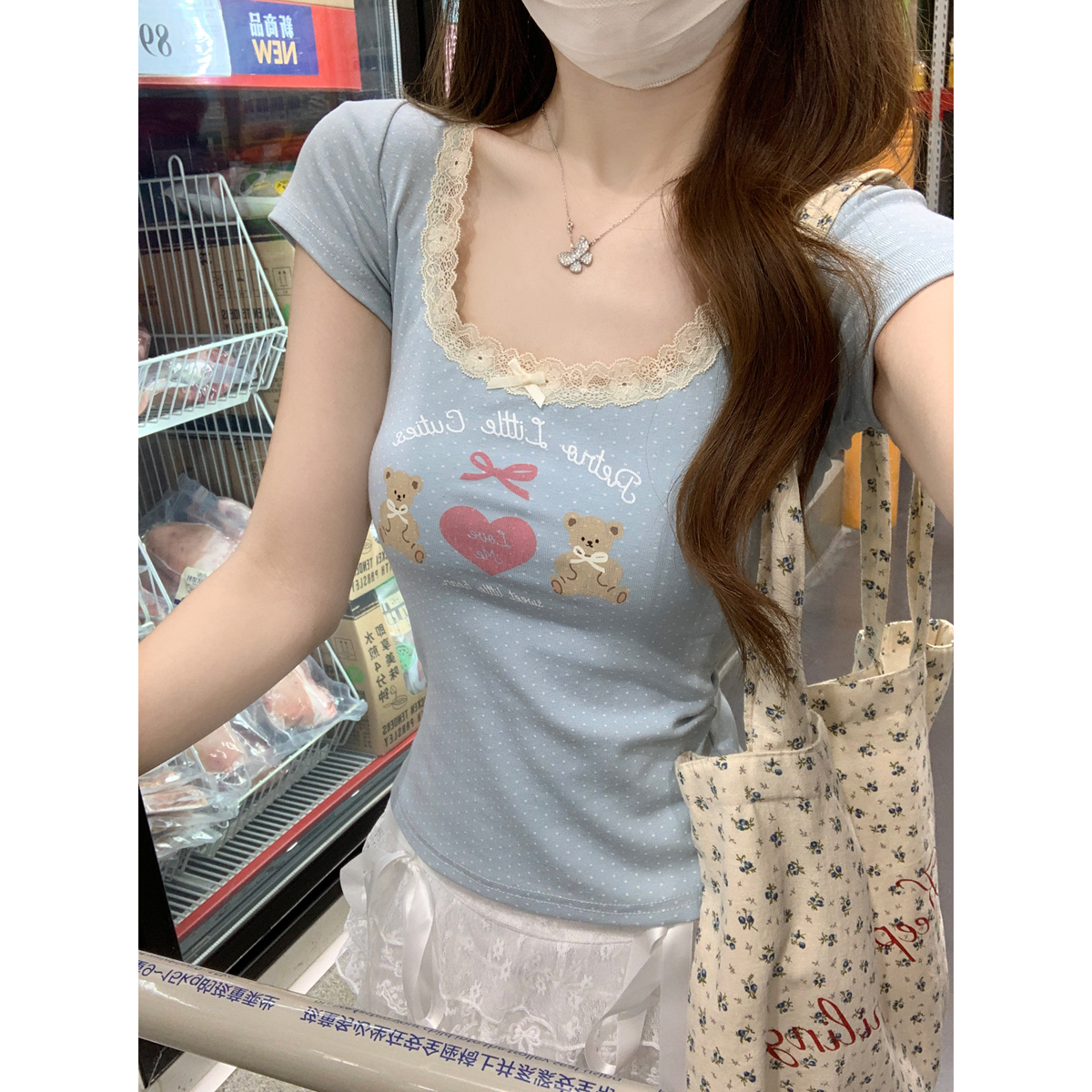 Real shot of spring and summer Korean version of pure desire square collar lace polka dot print age-reducing girl slim short-sleeved T-shirt top