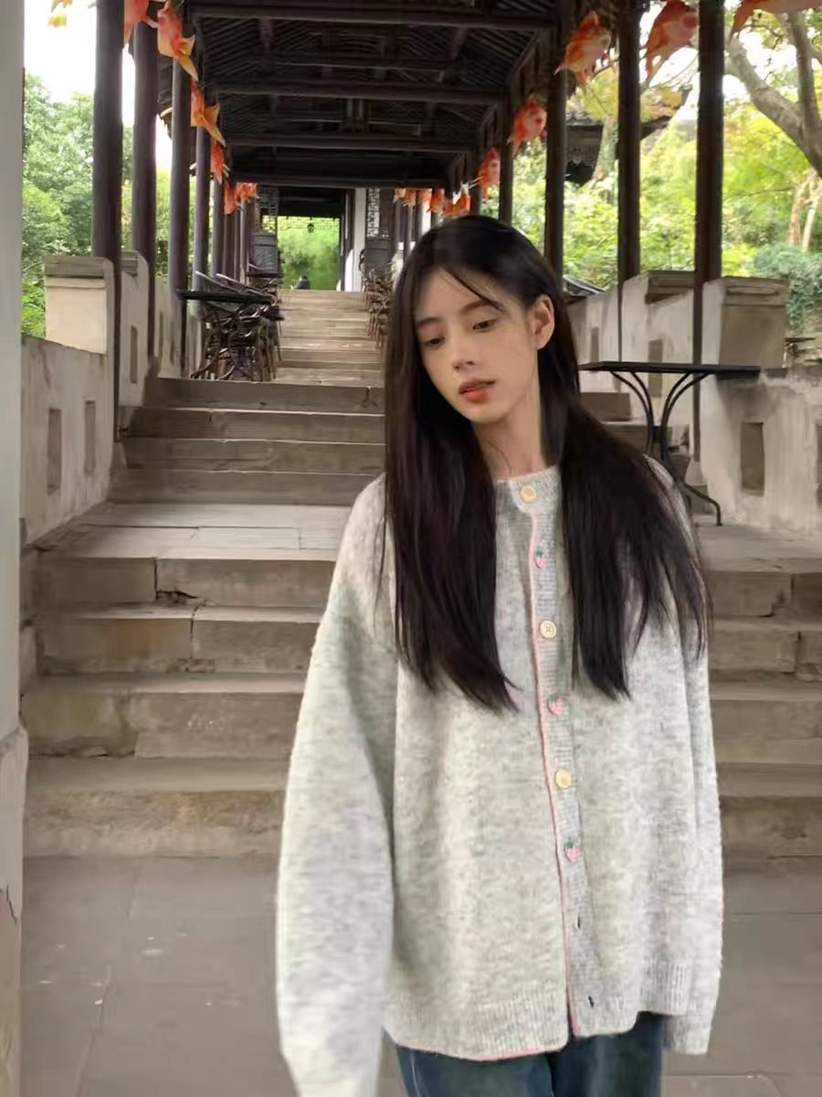 韓系學院風灰色針織開衫女秋冬季2025新款慵懶風甜美寬鬆毛衣外套