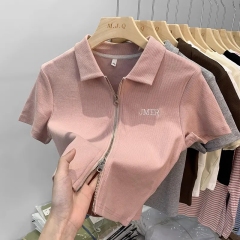 46棉8氨綸260克質量t恤拉鏈短袖設計感上衣 大碼M-4XL