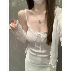 Real shot of spring and summer Korean version of slim lace bow pure age-reducing inner strap vest T-shirt top