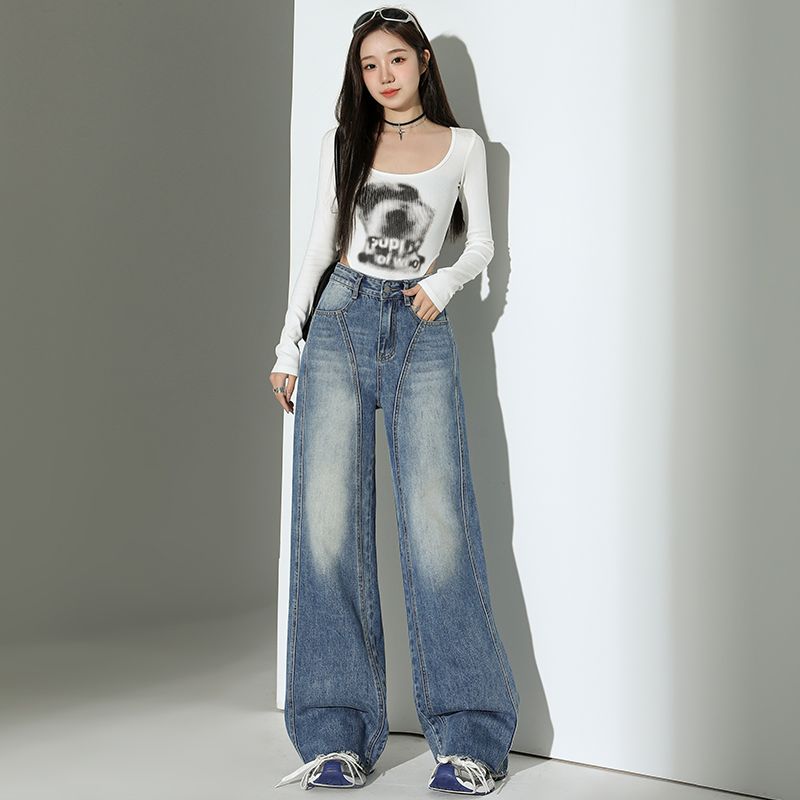 Real shot of 2025 spring fashion trend casual pants for women high waist drooping wide-leg pants