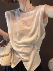 Women's Summer Thin Ice Silk Knit Sleeveless T-Shirt with Design Sense, Unique Chanel Style Unregular Short Backless Top for Outerwear