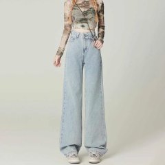 百搭韓版高腰設計感交叉牛仔褲女春秋季新款顯瘦直筒拖地牛仔褲