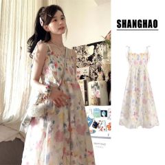甜美復古溫柔碎花吊帶連衣裙夏季氣質收腰可愛少女海邊度假小清新