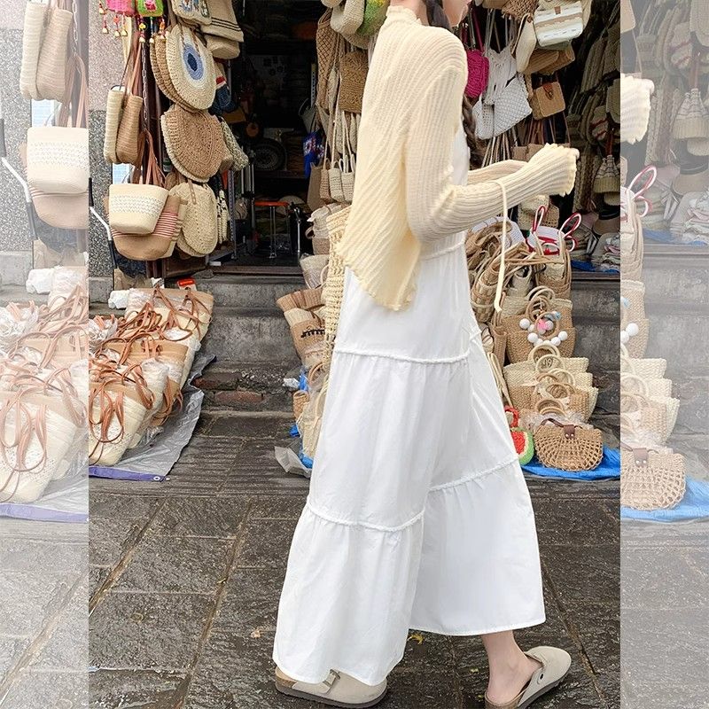 Summer fantasy seaside vacation white suspender long skirt women summer student college style small high waist dress