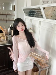 甜辣粉色後背鏤空長袖T恤女夏季薄款防曬罩衫設計感顯瘦外搭上衣