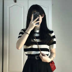 Hong Kong-style striped ice silk knitted sweater, shoulder short-sleeved T-shirt for women, summer slim design, niche short chic top