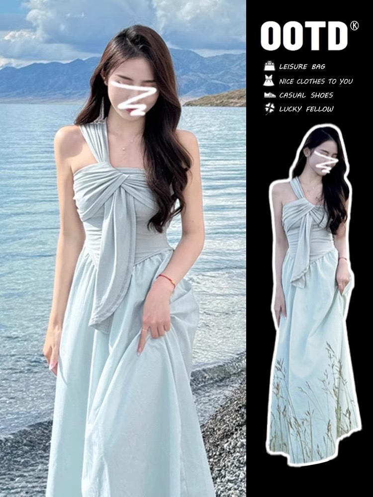 2025 new high-end and irregular design seaside vacation strapless dress for women summer French temperament long skirt