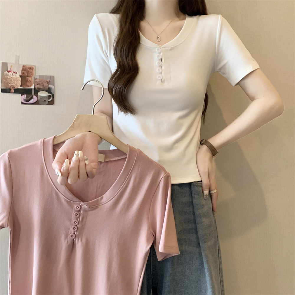 Real photo 40 pure cotton 210g 92 cotton/8 spandex 2025 button short-sleeved T-shirt for women