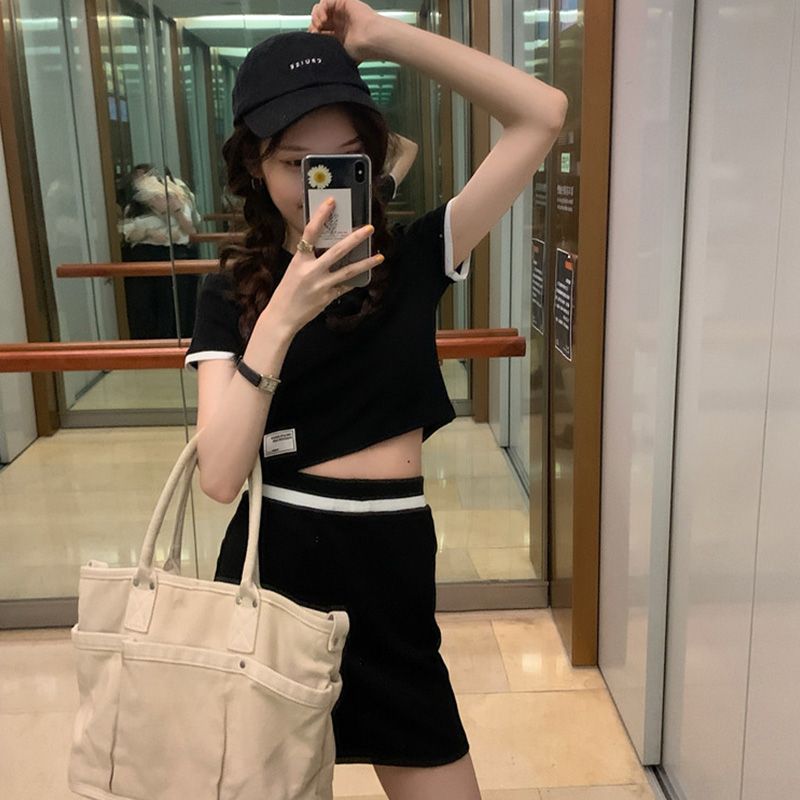 夏季新款顯瘦polo領短款上衣高腰包臀半身裙撞色兩件套裝女