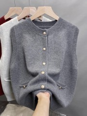 Round neck knitted vest for women 2025 spring new round neck vest sleeveless sweater cardigan layered soft top