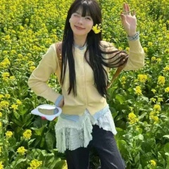 韓系簡約甜美休閒寬鬆假兩件針織衫開衫早春新款毛衣女小個子外套