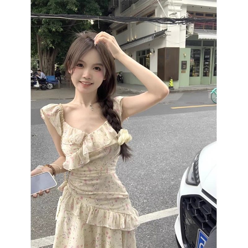 原版做法＋內里甜美飛袖碎花吊帶連衣裙女設計感度假風仙女長裙
