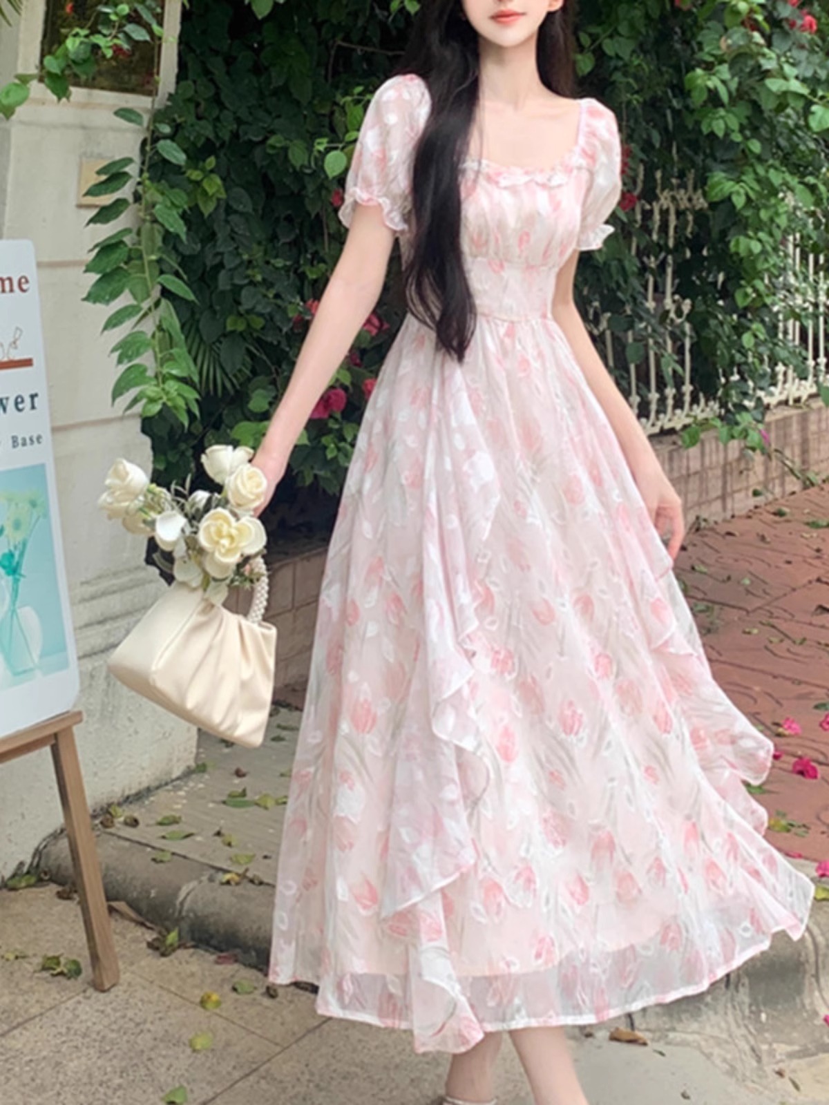 First love French square collar romantic floral chiffon dress for women in summer large size temperament waist-hugging fairy long skirt