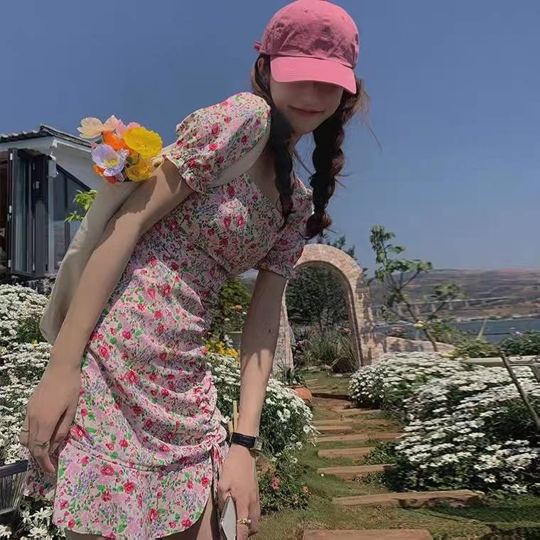 抽繩魚尾裙子新款碎花連衣裙夏裝ins超仙學生法式初戀裙