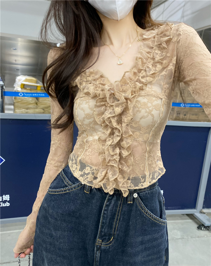 Real photo of micro-transparent mesh lace chiffon shirt for women's spring French long-sleeved V-neck thin niche slim body garment