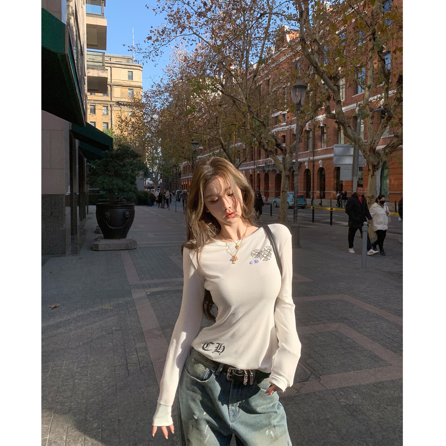 260g hot girl slim T-shirt for women 2025 spring and summer design printed long-sleeved slim top