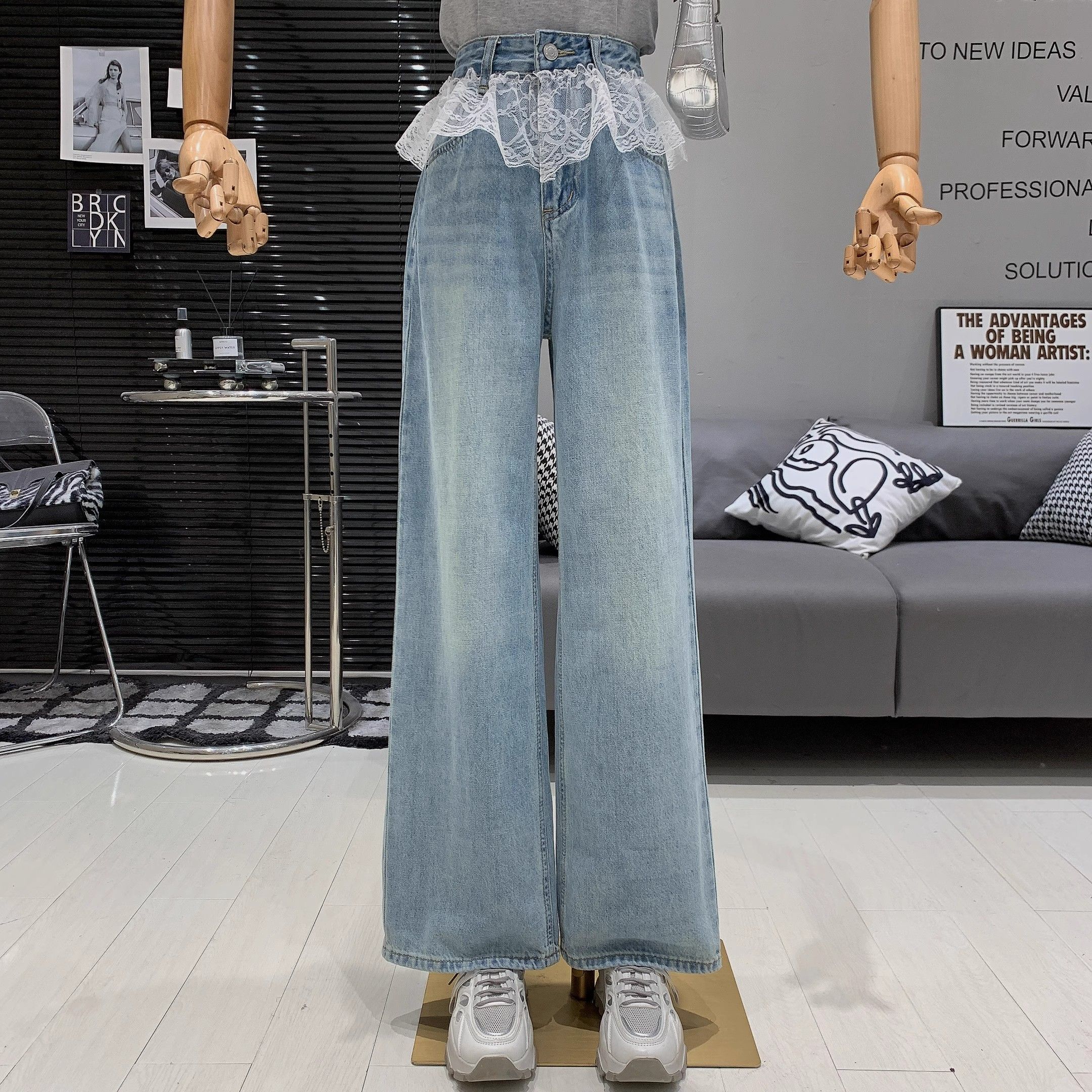 Korean style retro washing high-waist lace splicing design loose and versatile slim and old denim wide-leg pants